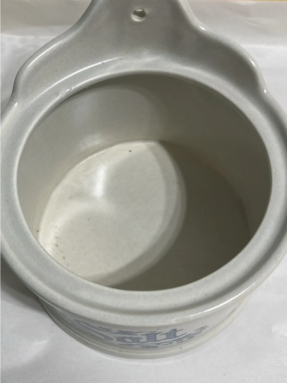 Vintage Ceramic Salt Jar with Lid - White with Blue Lettering Chipped Glued